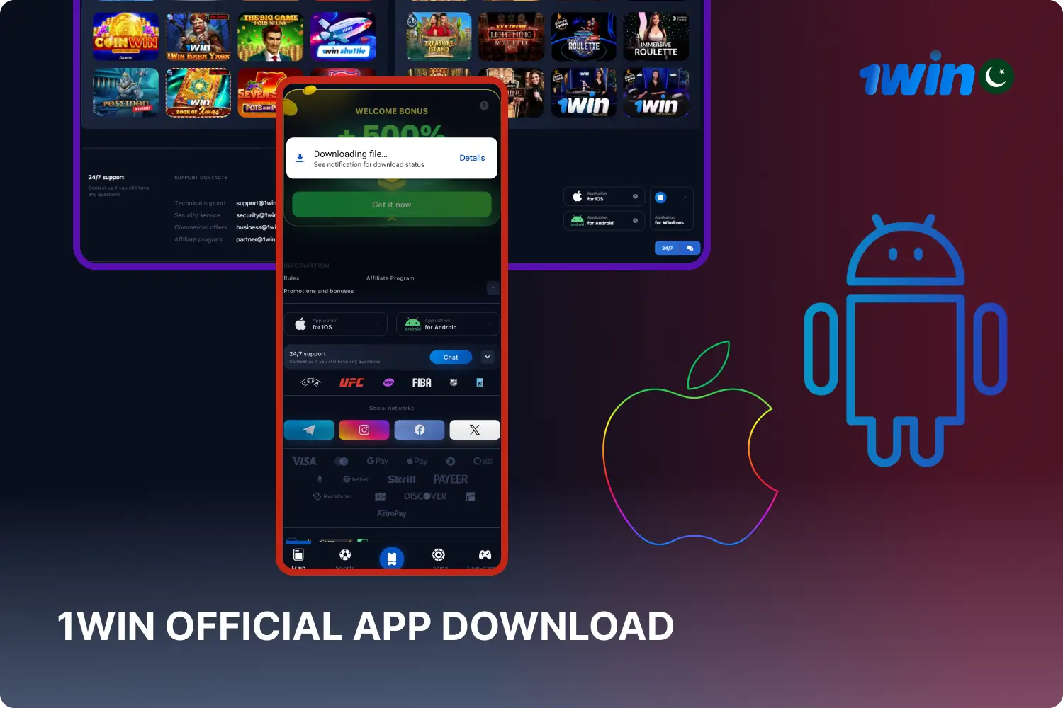 Gamblers in Pakistan can download the 1win mobile app for Android and iOS and comfortably play casinos and place sports bets anywhere