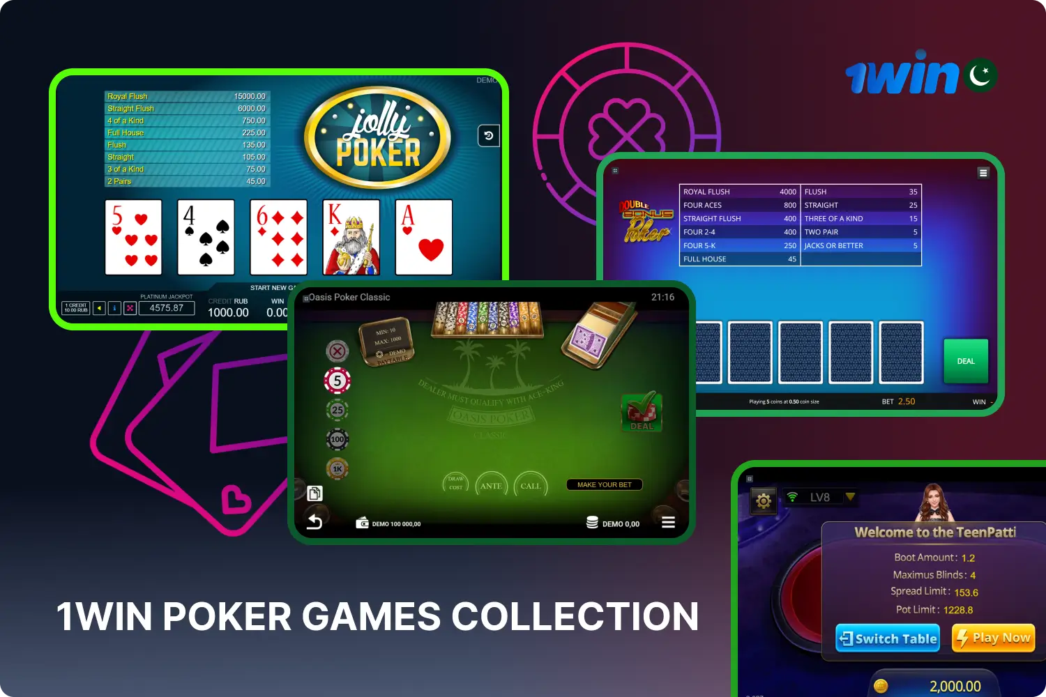 1win has a large collection of live and video poker games that is available to users from Pakistan