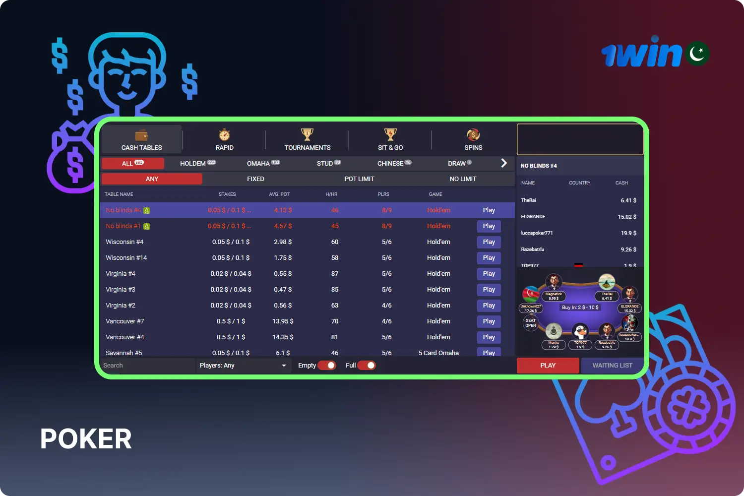 1win Casino provides its users in Pakistan with a variety of poker games to suit all tastes