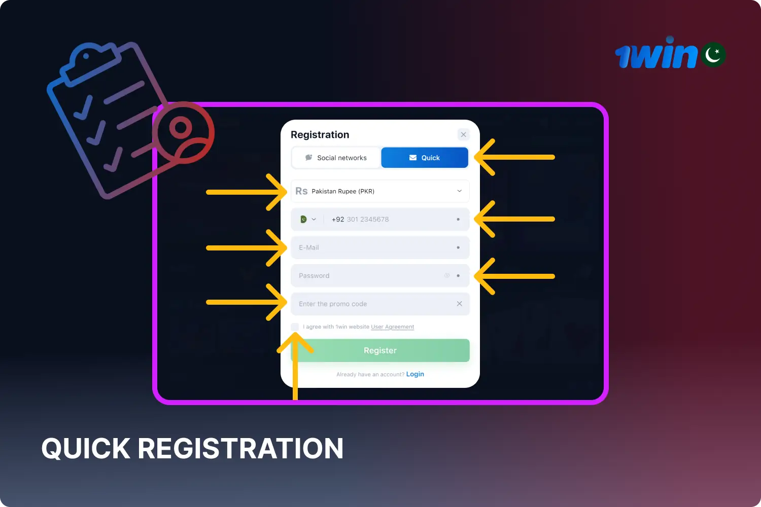 To quickly register for 1win, players from Pakistan need to select their currency, enter their phone number, email address and create a password