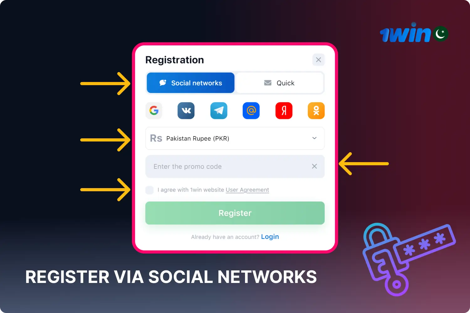 Users from Pakistan can register for 1win using their social network accounts