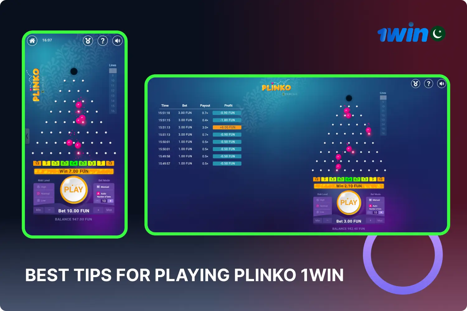 To successfully play Plinko 1win, Pakistani players are advised to allocate a budget for games, set a time limit and start with the demo mode