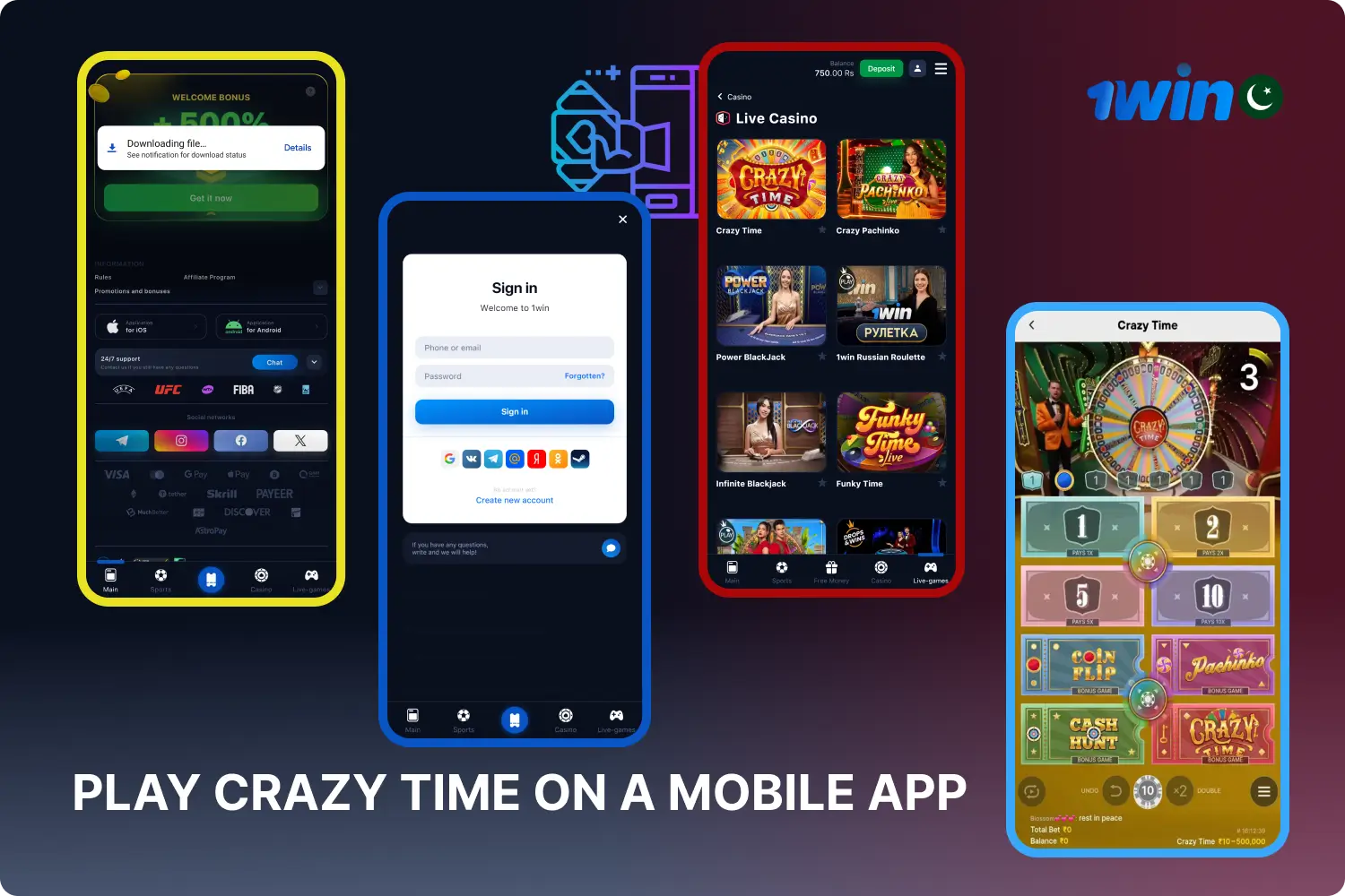 Pakistani gamblers can comfortably play Crazy Time on the 1win mobile app for Android or iOS