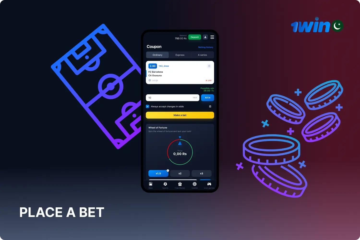 After selecting a sporting event and the desired odds, the player needs to enter the bet amount and confirm it by clicking the bet button