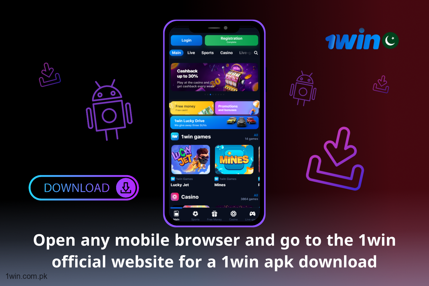 In order to download the supplement on Android, a user from Pakistan should open a mobile browser and go to the official 1win website