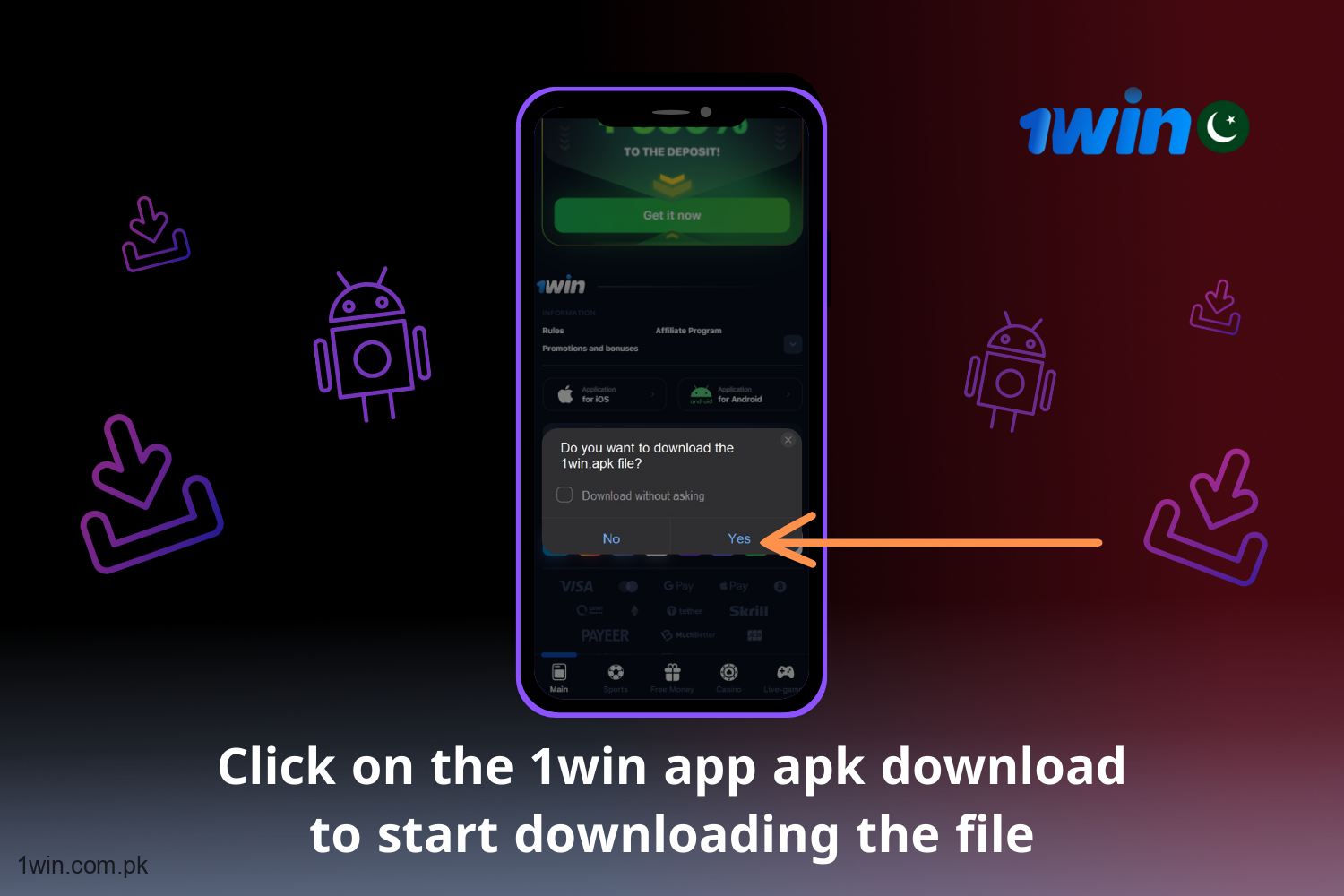 In order to download the app on Android, a user from Pakistan must click on the download APK file of the 1win program to start downloading the file