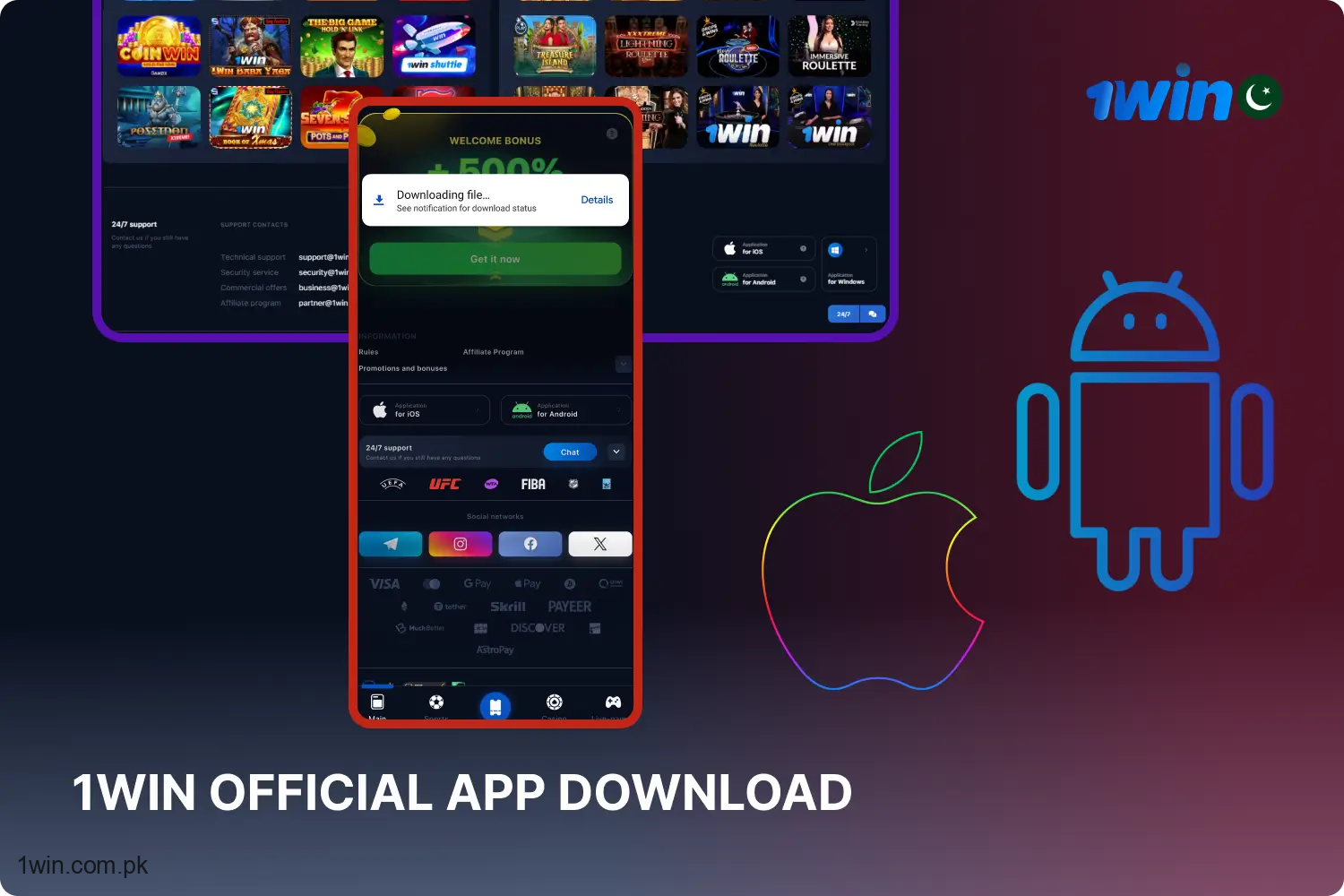پاکستان میں جواری اینڈرائیڈ اور آئی او ایس کے لیے 1win موبائل ایپ ڈاؤن لوڈ کر سکتے ہیں اور آرام سے کیسینو کھیل سکتے ہیں اور کہیں بھی کھیلوں پر شرط لگا سکتے ہیں