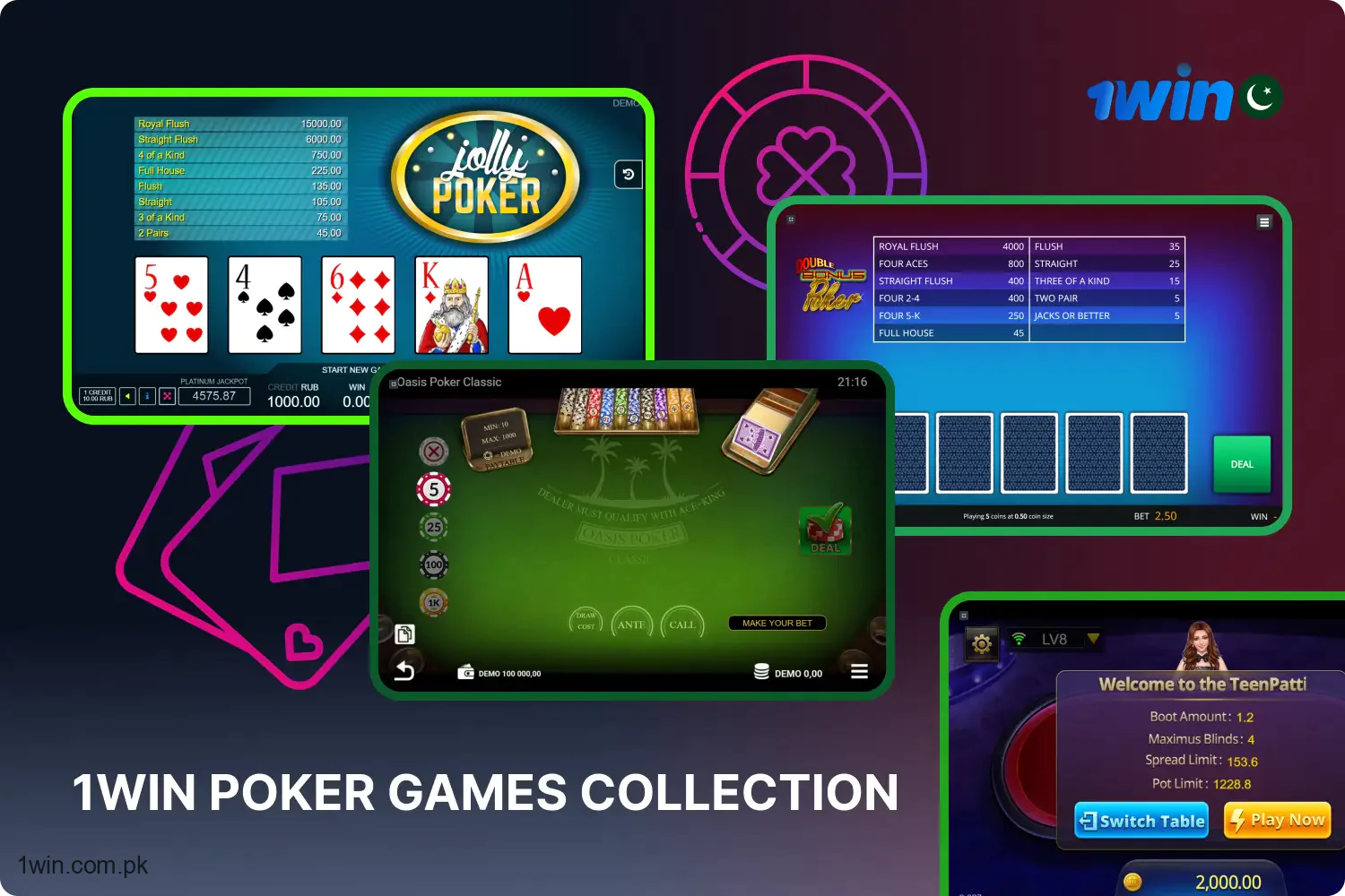 1win has a large collection of live and video poker games that is available to users from Pakistan