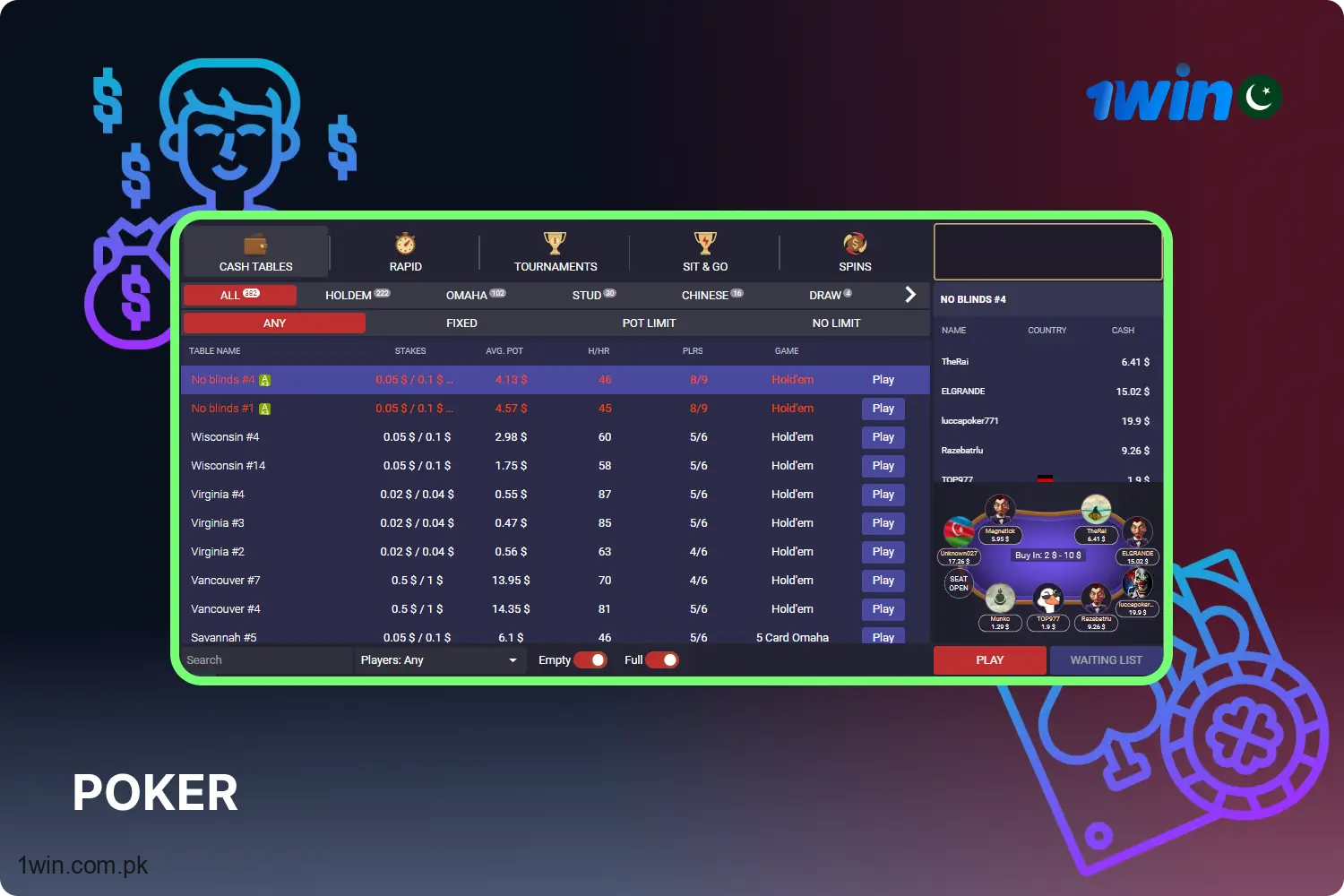 1win کیسینو پاکستان میں اپنے صارفین کو تمام ذوق کے مطابق مختلف قسم کے پوکر گیمز فراہم کرتا ہے