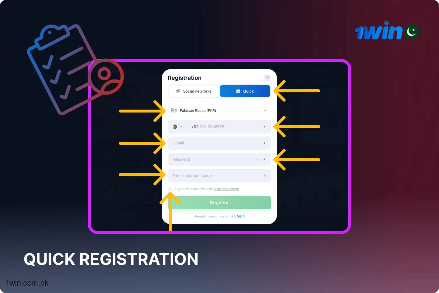 To quickly register for 1win, players from Pakistan need to select their currency, enter their phone number, email address and create a password