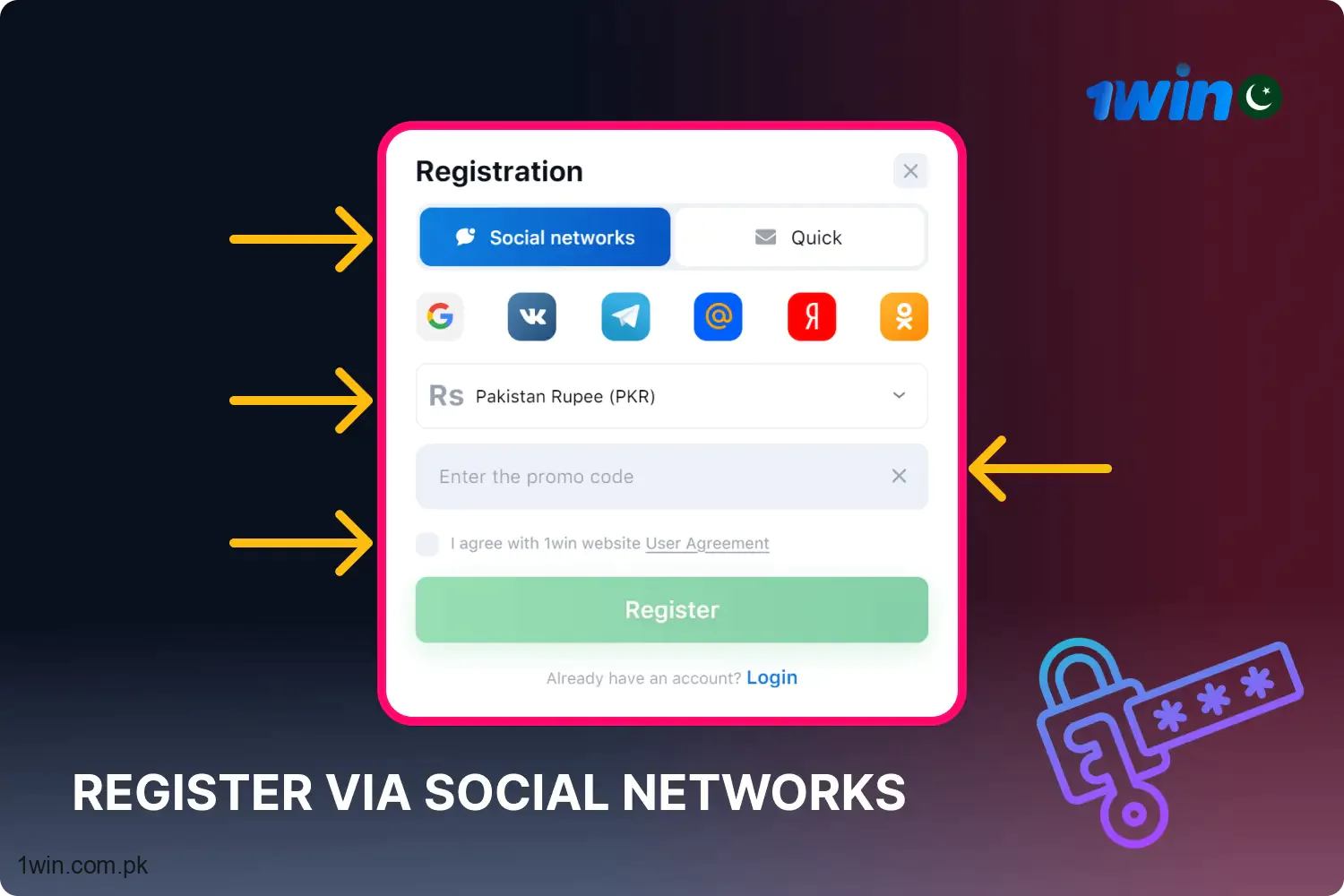 Users from Pakistan can register for 1win using their social network accounts