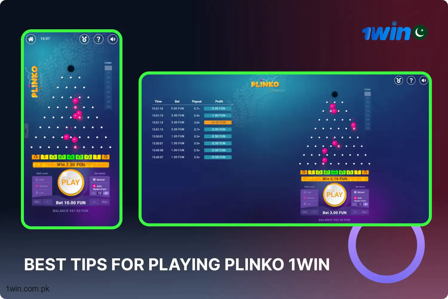 To successfully play Plinko 1win, Pakistani players are advised to allocate a budget for games, set a time limit and start with the demo mode