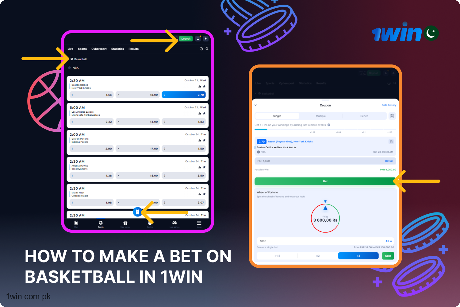 In order to bet on basketball at 1win, Pakistani players need to register, deposit funds, and include the event in the bet slip