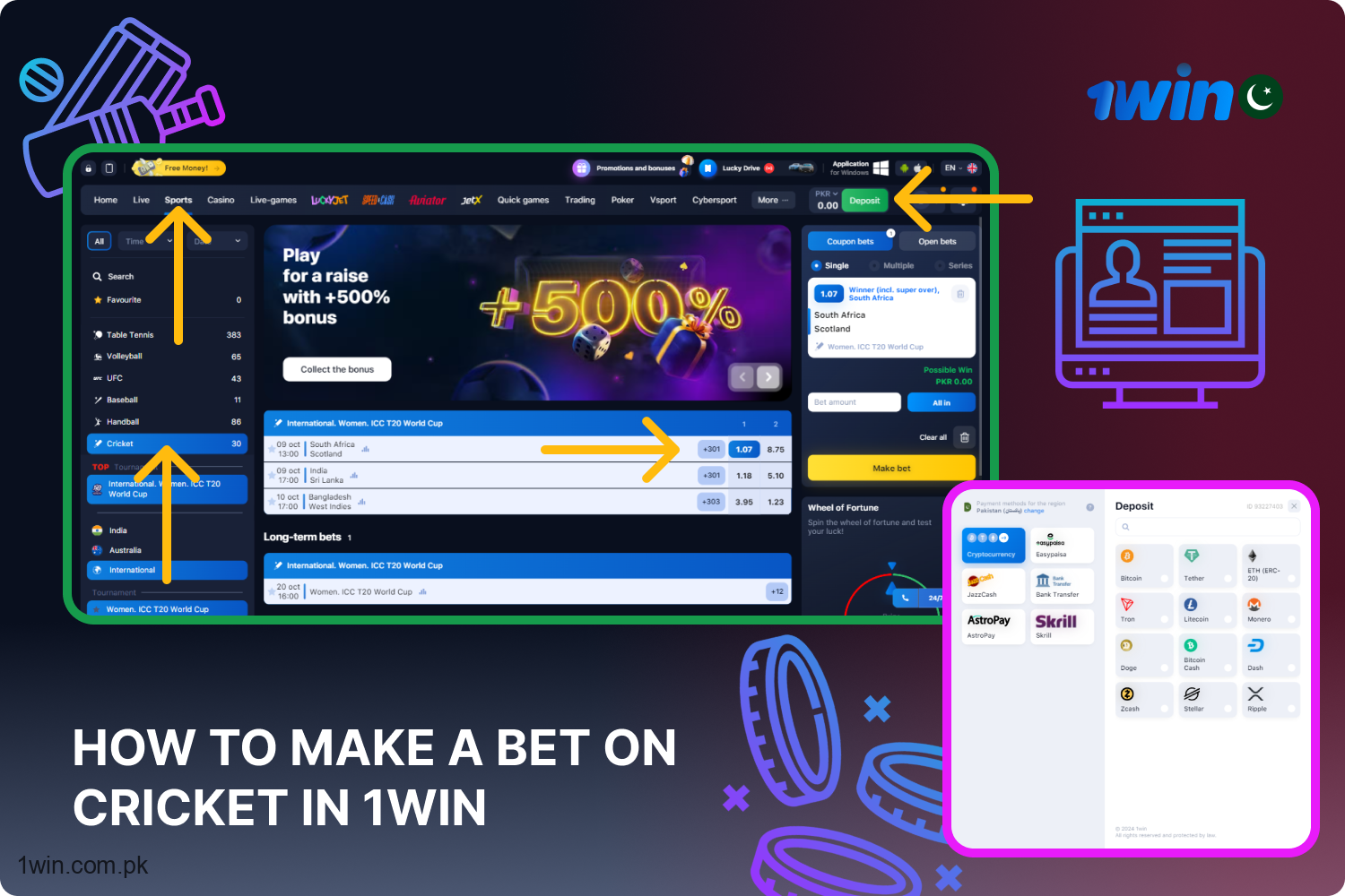 To bet on cricket at 1win, players from Pakistan need to register, deposit and add the event to the bet slip