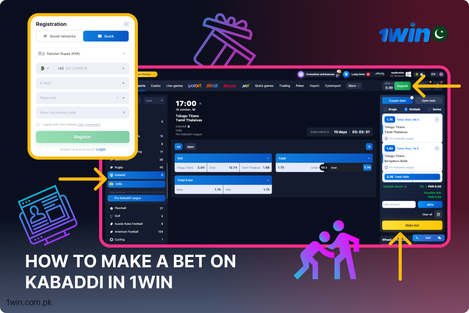 Players from Pakistan need to register, make a deposit, and add the event to their bet slip to place a kabaddi bet at 1win