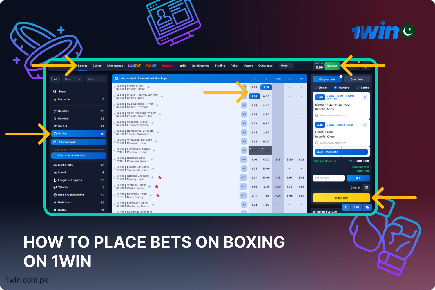 For Pakistani players to bet on boxing at 1win, they need to register, deposit funds, and add the event to the betslip