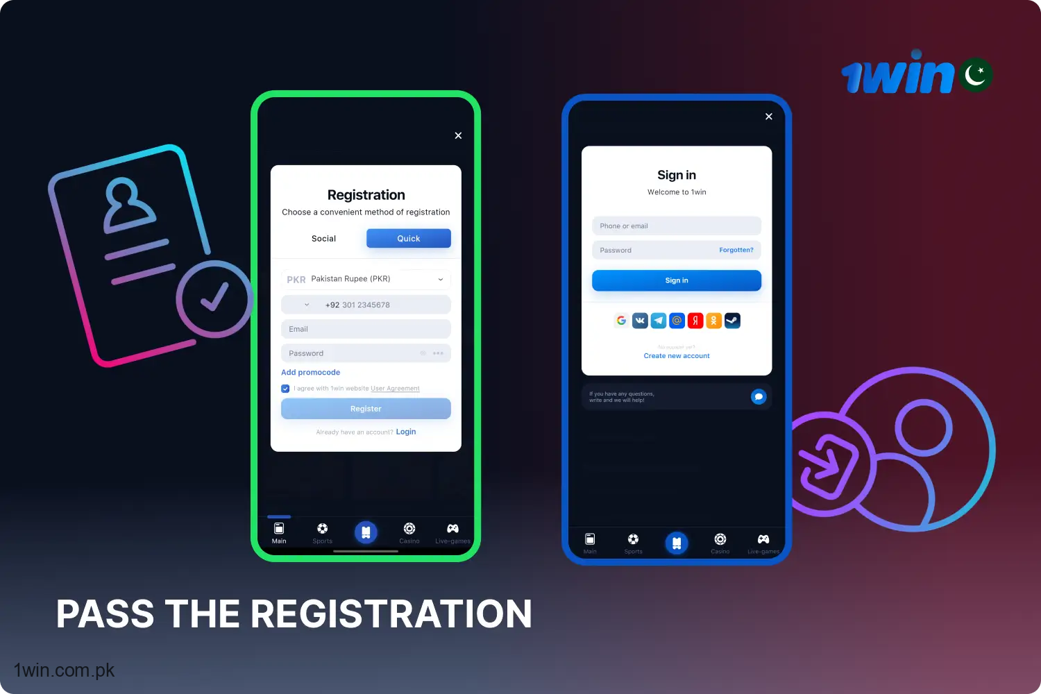 1win موبائل ایپ پر شرط لگانے کے لیے، پاکستان کے کھلاڑیوں کو اپنے اکاؤنٹ میں لاگ ان کرنا ہوگا یا ایک نیا رجسٹر کرنا ہوگا