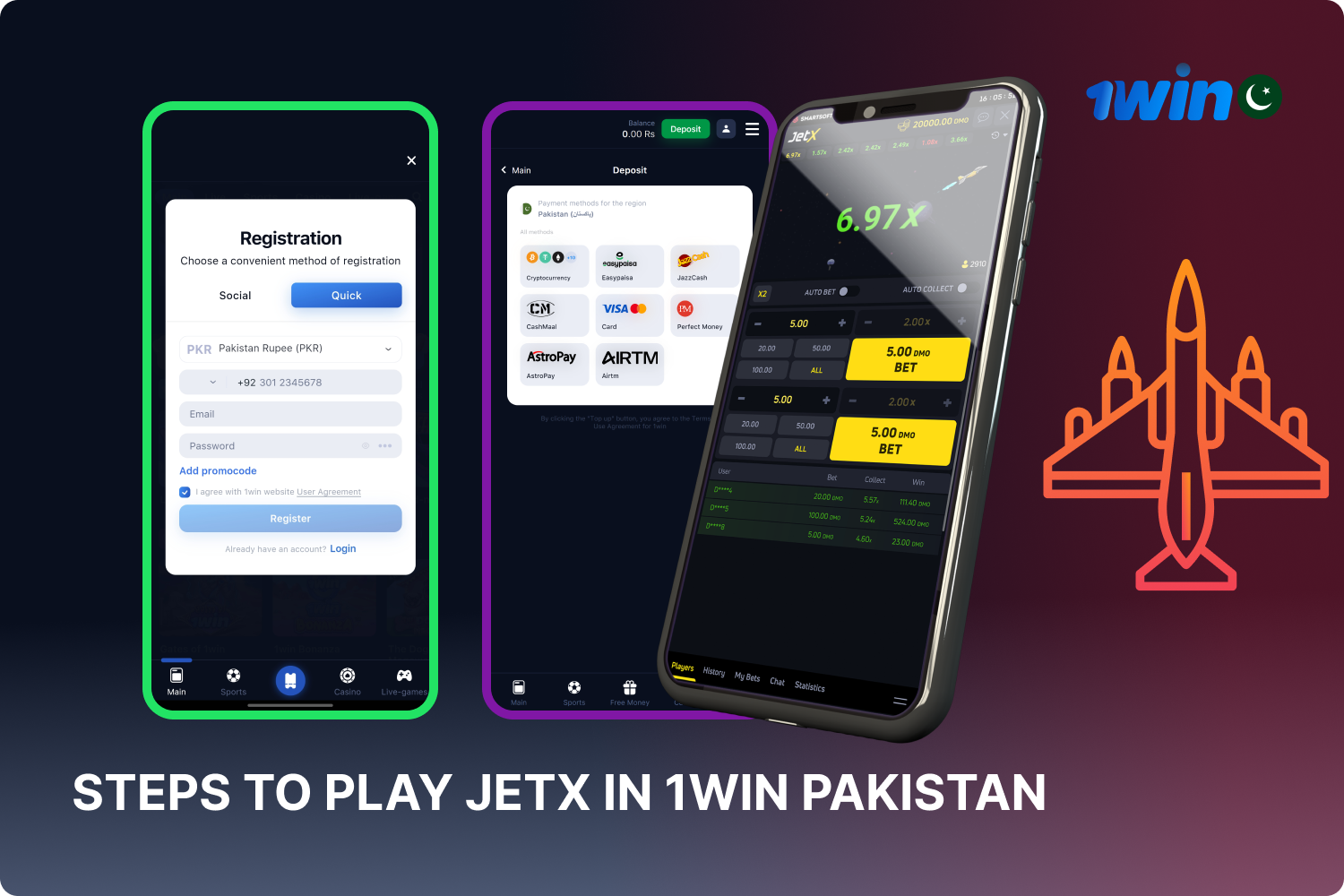 Players from Pakistan must register and make a deposit to start playing at 1win JetX