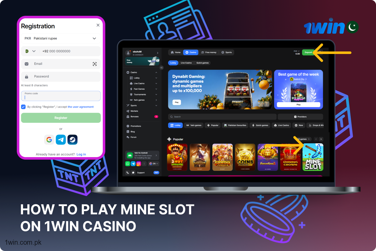 For players in Pakistan, starting to play the Mine Slot at 1win Casino is very easy after registration and deposit